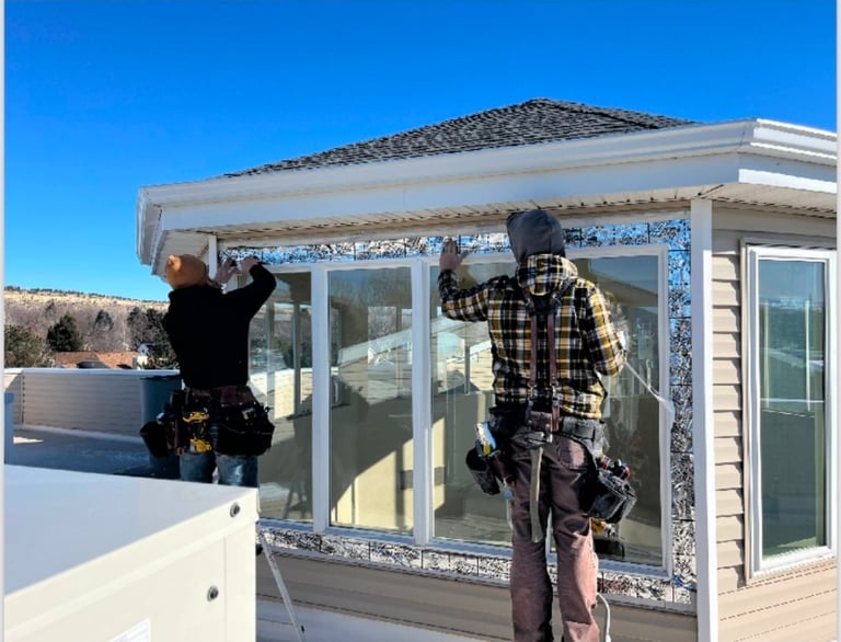 Two workers installing large windows on a modern rooftop structure under clear blue sky