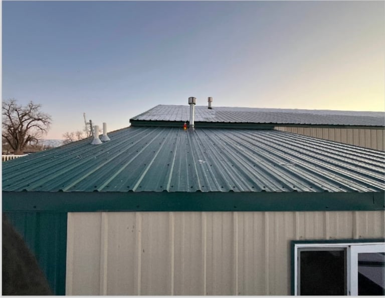 Metal-roofed barn with teal trim and corrugated panels against a clear winter sky with bare trees